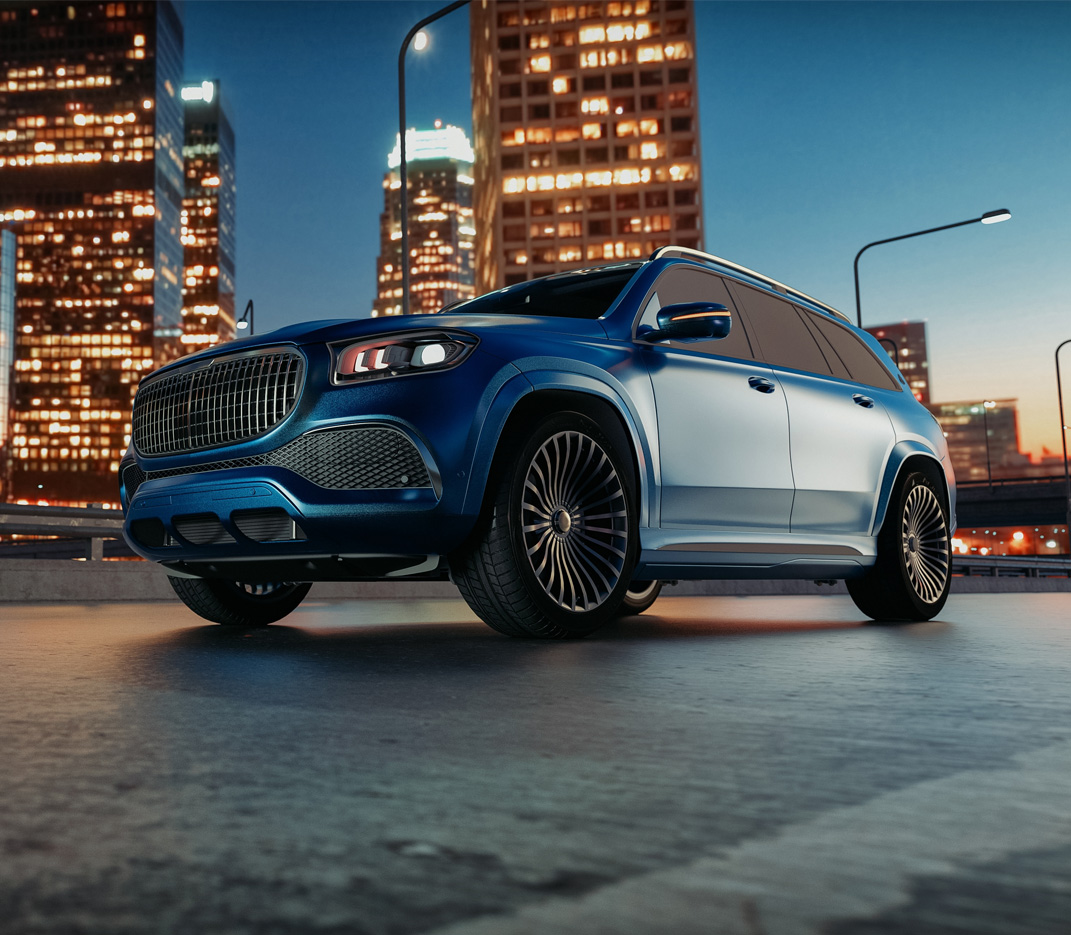 Car, luxury, dark blue color, on the road, through the city, background, big city with many lights. and real estate buildings, 3d rendering and illustration